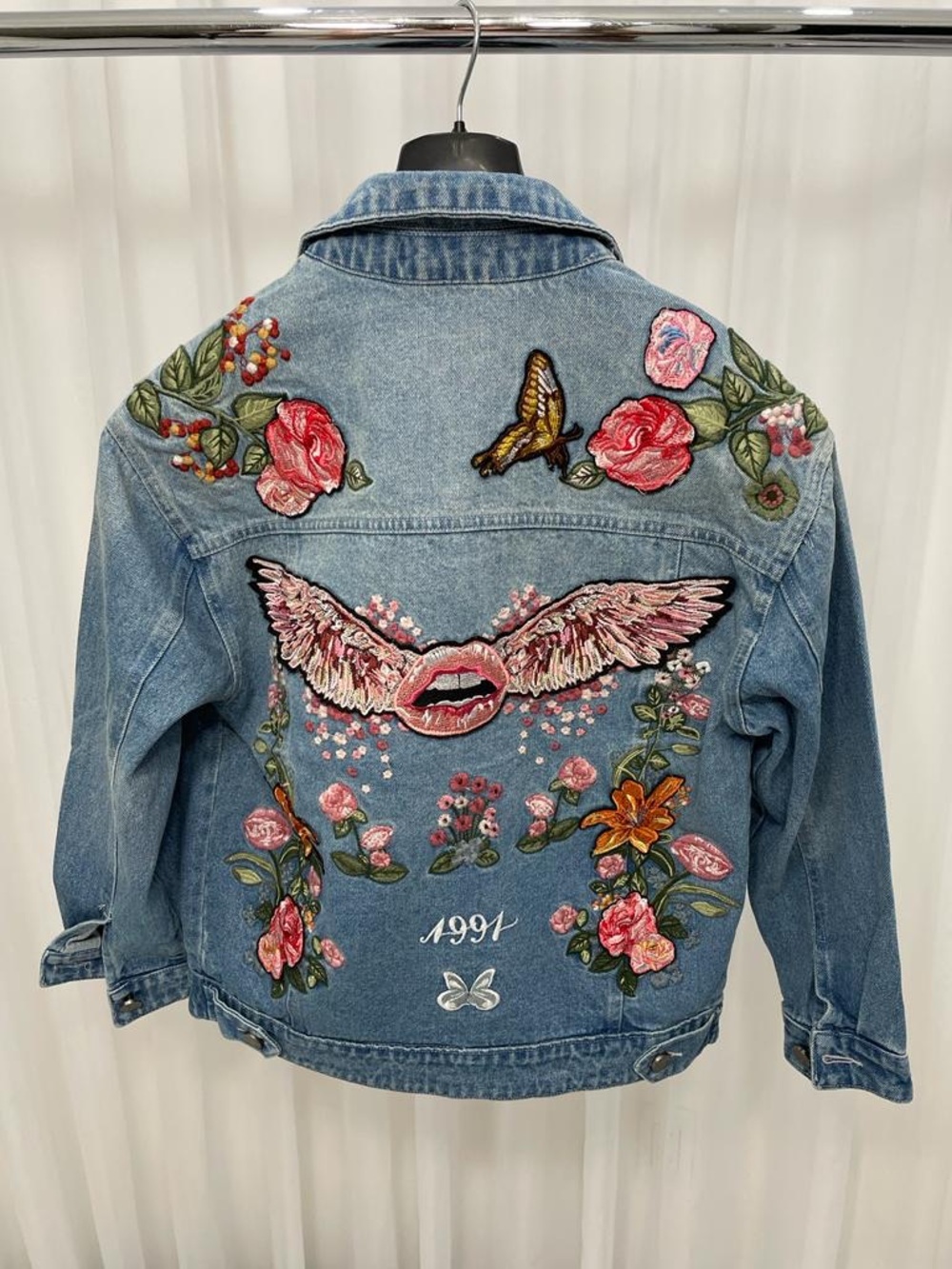Embroidered Light Blue Denim Jacket with Floral & Wing Appliqués